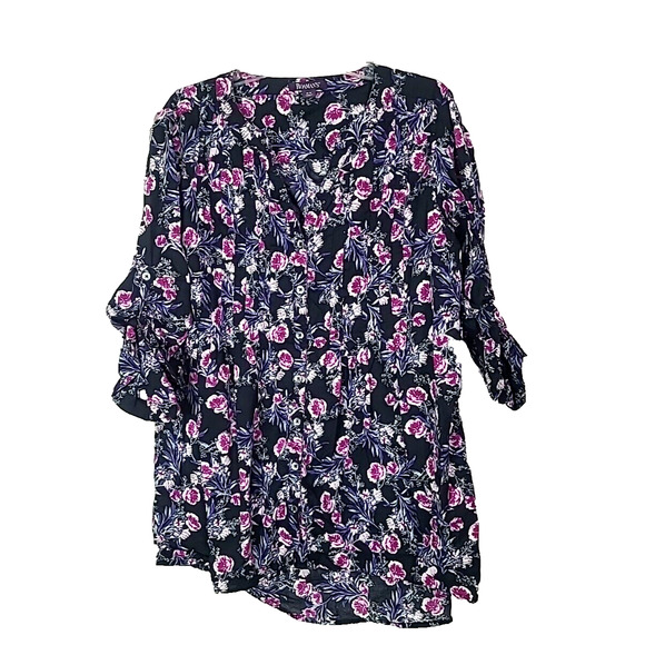 Roaman's Black Floral Print Button Front Roll Tab Sleeve Top Womans Size 18W - Picture 1 of 5